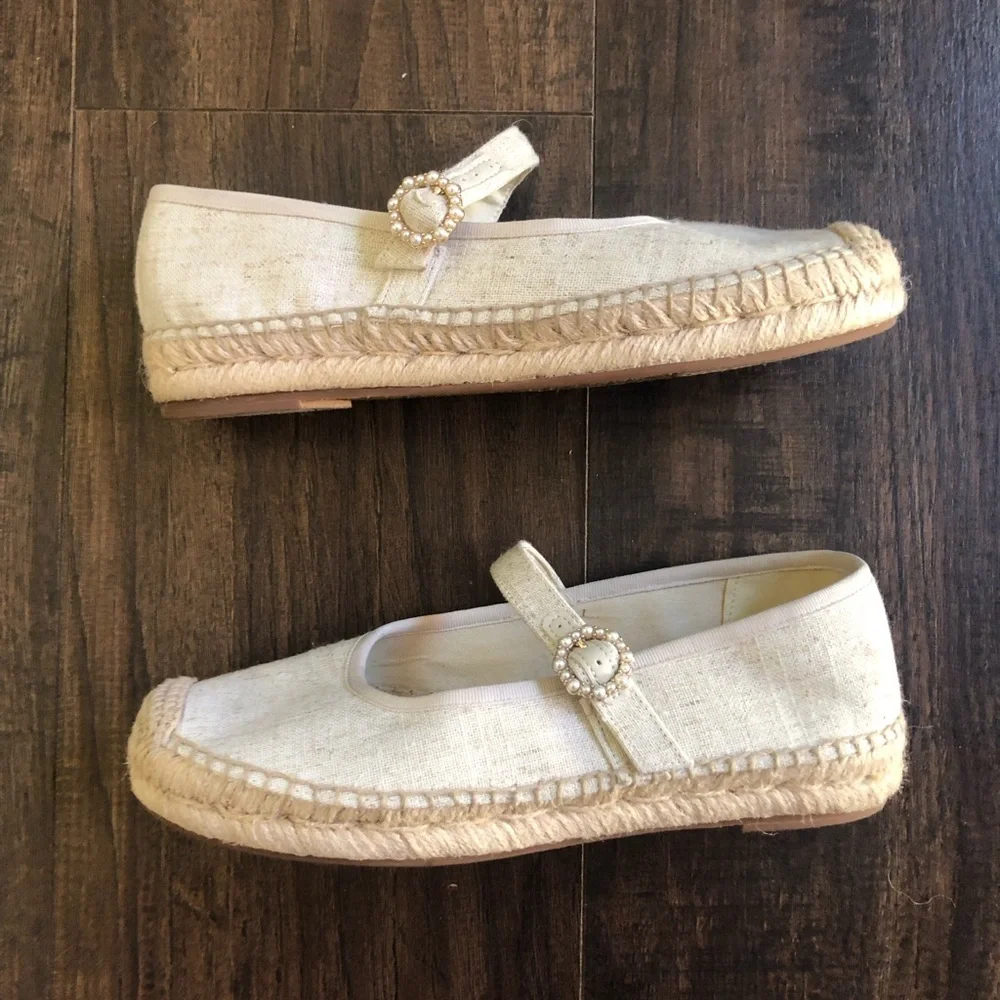J. Crew Cream Espadrille Mary Jane Flats with Pearl Buckle